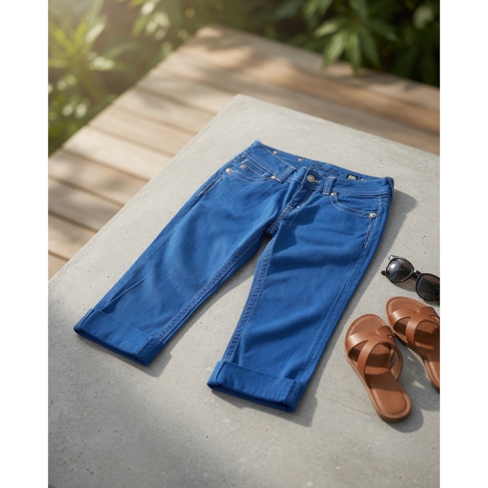 Miss Me Blue Cuffed Capri Jeans JP5046P14 Embellished Cross Pockets Size 27